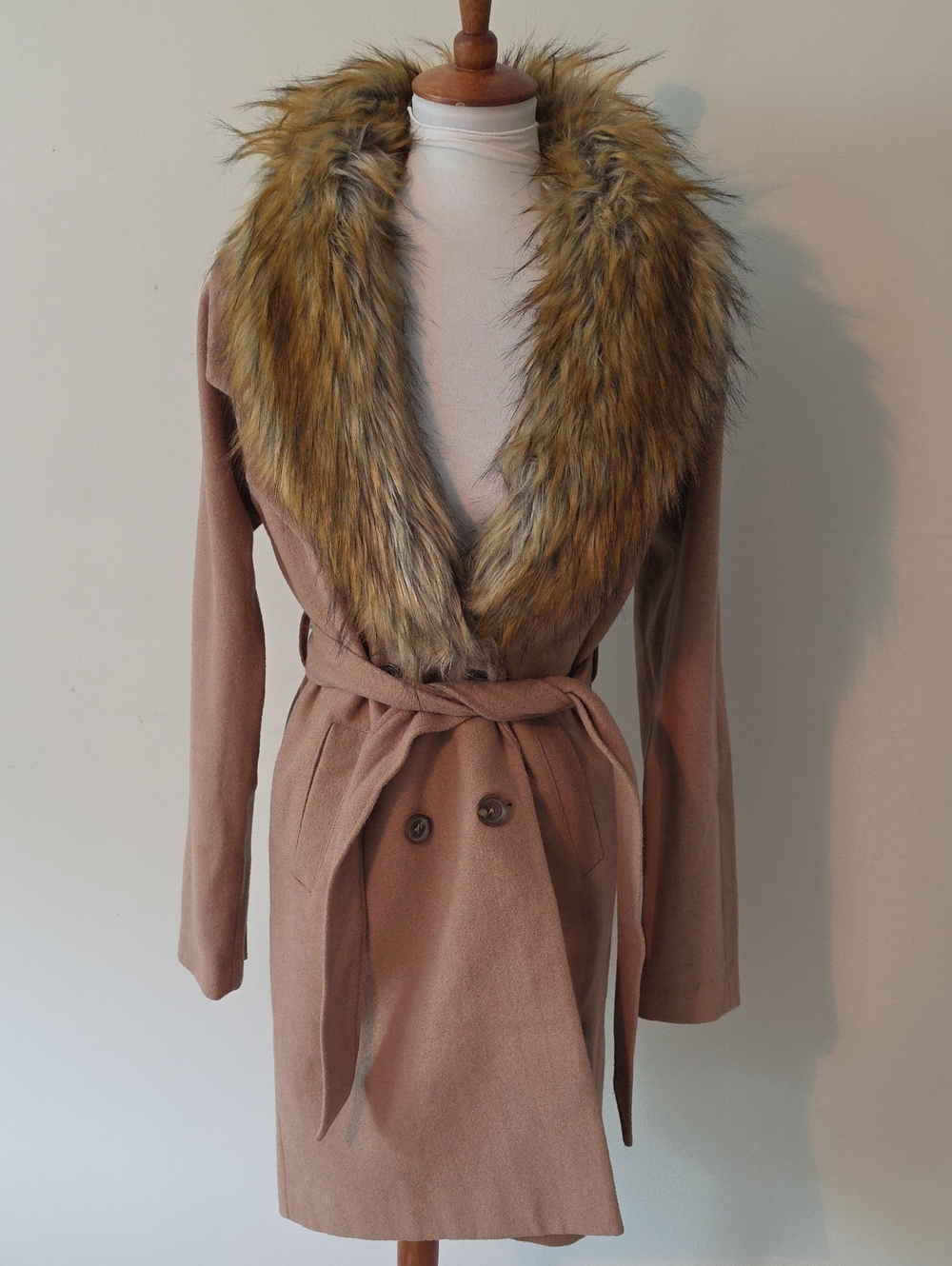 Express Womens Camel Wrap Coat Jacket  with Faux Fur Collar